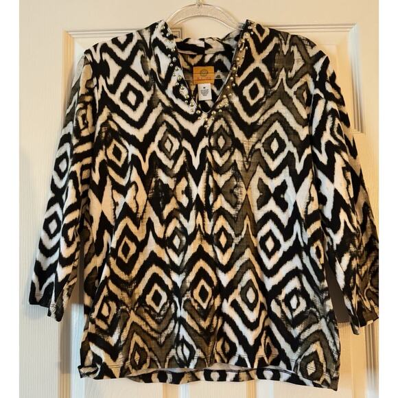 Ruby Rd Tops - RUBY RD Women's Black Beige 3/4 Sleeve Blouse Size M